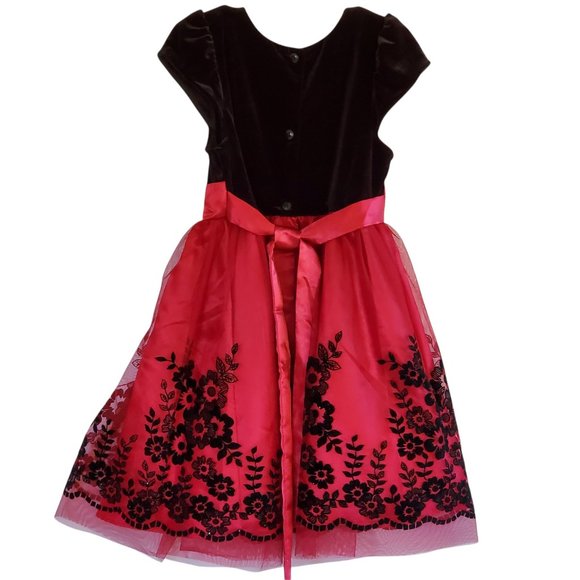 Jona Michelle Girls 5 Black Red Fancy Party Swing Dress Floral Flock Mesh Skirt - Picture 2 of 9